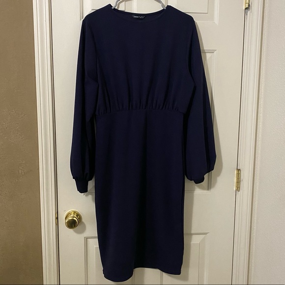 NAVY BLUE BELL SLEEVE MIDI DRESS - Picture 2 of 3